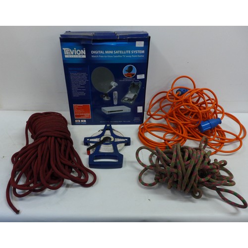 2278 - A TV mini satellite set with a tray of assorted garage items including - rope, tape measure, extensi... 