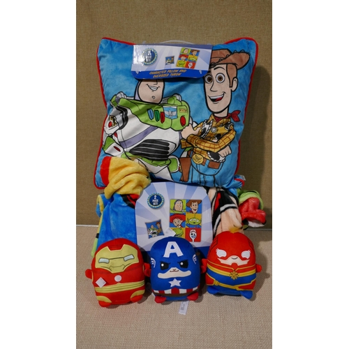 3045 - Toy story  Character Throw And Pillow Set, 3 marvel plush toys (325-196,213,221) This lot is subject... 