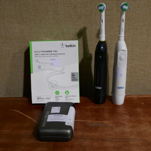 3103 - Pocket Juice power bank, Two Oral-B Toothbrushes and Belkin Silicone Charging Cables        (325-174... 