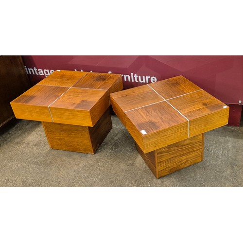 20 - A pair of walnut and chrome cube shaped coffee tables