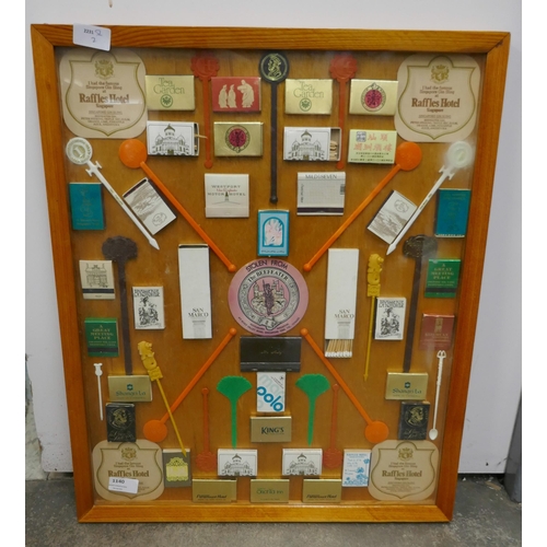 1140 - A framed and mounted Match box display, all Singapore hotels **PLEASE NOTE THIS LOT IS NOT ELIGIBLE ... 