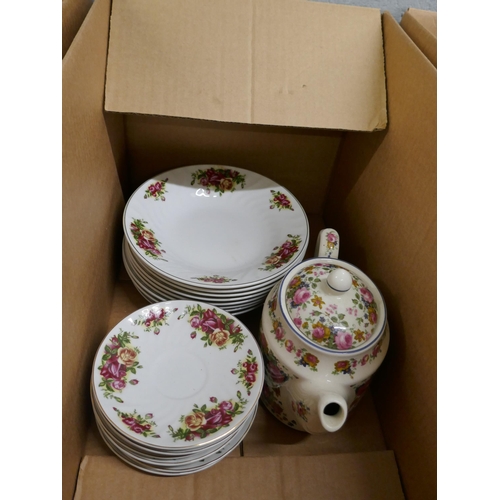 1149 - Six boxes of china including Royal Norfolk dinnerwares, a tea set, Minton Haddon Hall tea cups, some... 