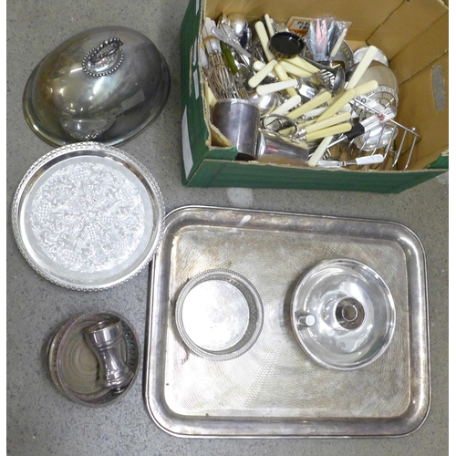 1163 - A box of mixed silver plate including meat dome, rectangular tray and flatware with mother of pearl ... 