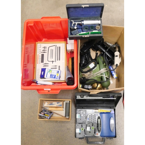 1164 - A green BT telephone, soldering iron and holder, a cased otoscope, a Brother P-Touch 750 label machi... 