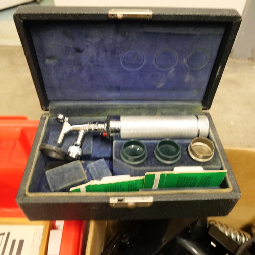 1164 - A green BT telephone, soldering iron and holder, a cased otoscope, a Brother P-Touch 750 label machi... 