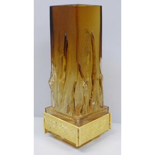 604 - A signed amber Art Glass vase with gilt detachable base/mount, 23.5cm