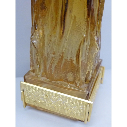 604 - A signed amber Art Glass vase with gilt detachable base/mount, 23.5cm