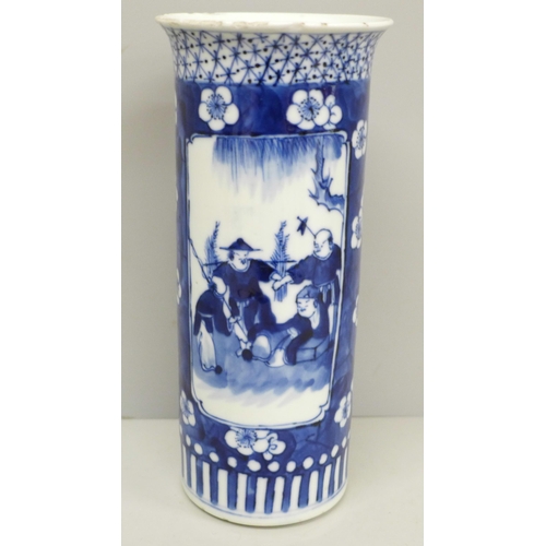 605 - A Chinese blue and white vase, Qinq dynasty, a/f, chips to rim, 20cm