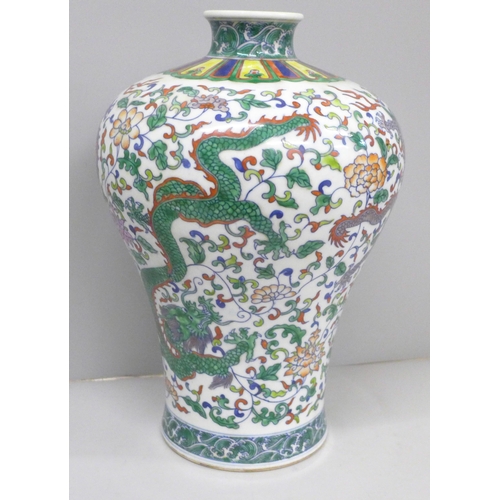 608 - A famille verte vase, 30cm, base drilled