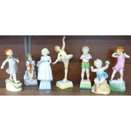 619 - A set of seven Royal Worcester porcelain Days of the Week figures, Tuesday and Friday a/f