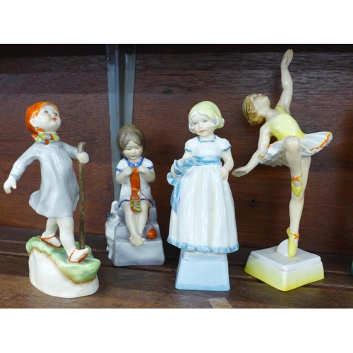 619 - A set of seven Royal Worcester porcelain Days of the Week figures, Tuesday and Friday a/f