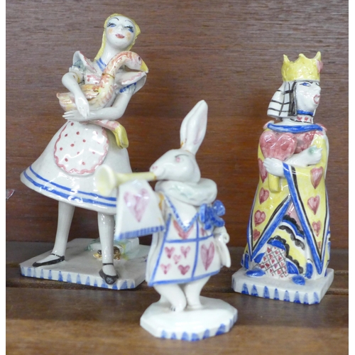 622 - Six Foy Alice in Wonderland studio pottery figures, Alice, Queen of Hearts, rabbit and one other a/f