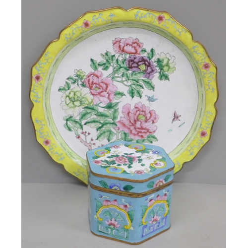 649 - An enamelled plate and box