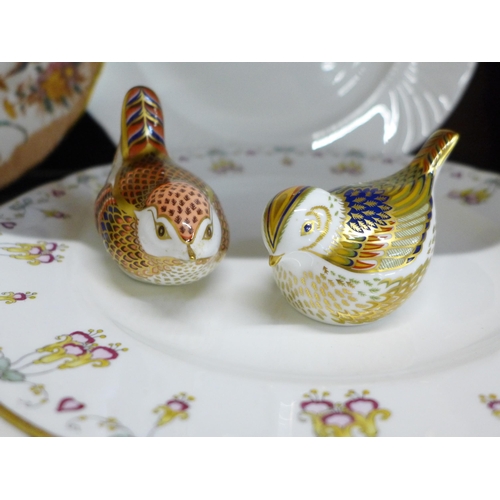 652 - Two Royal Crown Derby bird paperweights, one with silver stopper, one with gold stopper together wit... 