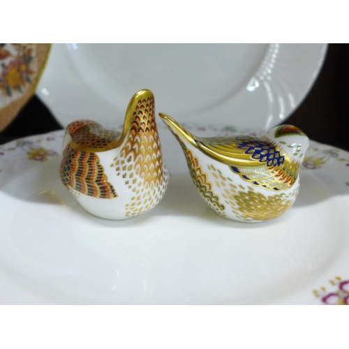 652 - Two Royal Crown Derby bird paperweights, one with silver stopper, one with gold stopper together wit... 