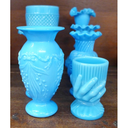 694 - Eight items of blue opaline glass, one a/f