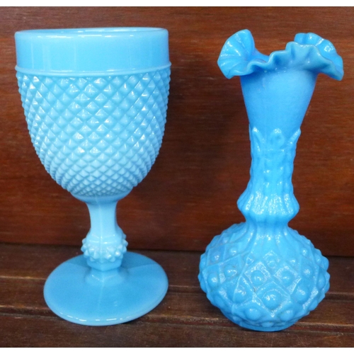 694 - Eight items of blue opaline glass, one a/f