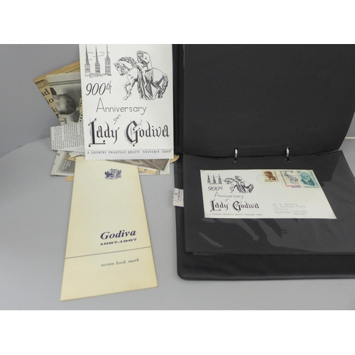 703 - An album relating to Lady Godiva, including letters, postcards, first day covers and other ephemera