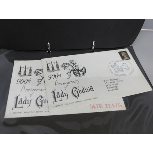 703 - An album relating to Lady Godiva, including letters, postcards, first day covers and other ephemera