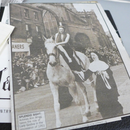 703 - An album relating to Lady Godiva, including letters, postcards, first day covers and other ephemera