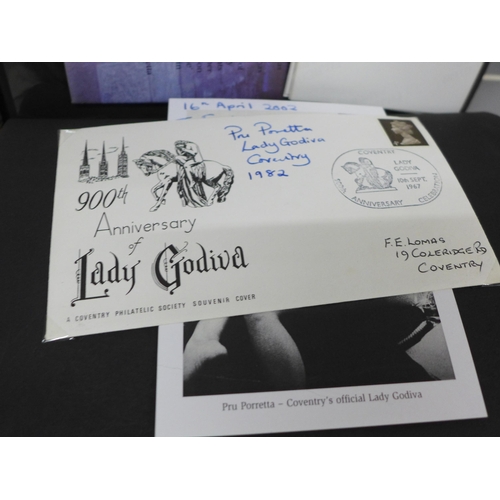 703 - An album relating to Lady Godiva, including letters, postcards, first day covers and other ephemera