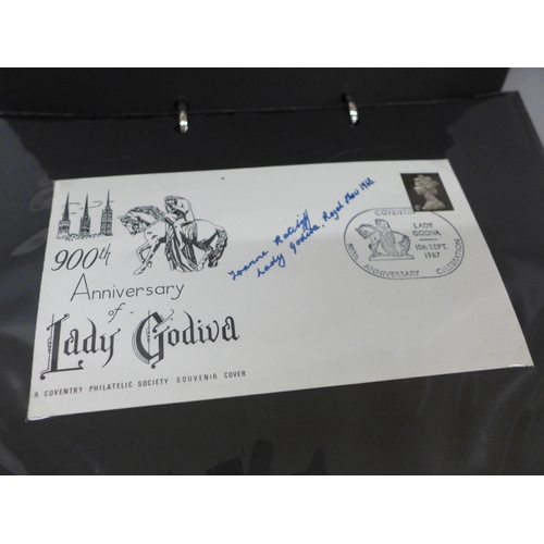 703 - An album relating to Lady Godiva, including letters, postcards, first day covers and other ephemera