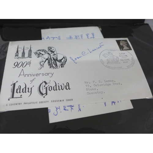 703 - An album relating to Lady Godiva, including letters, postcards, first day covers and other ephemera