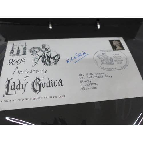 703 - An album relating to Lady Godiva, including letters, postcards, first day covers and other ephemera