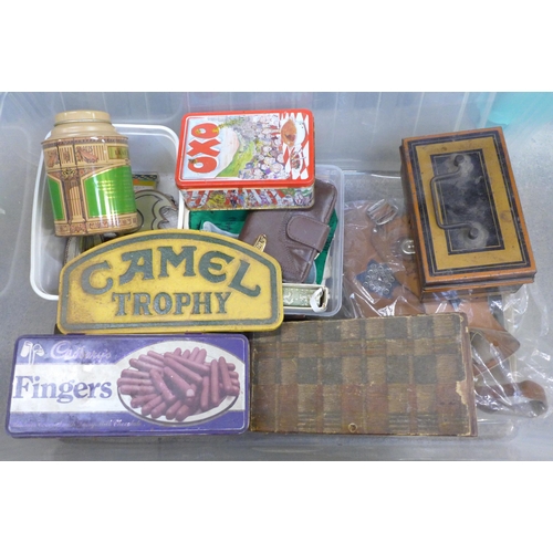 735 - Assorted items, table lighters, regimental badges, tins, leather wallets, Camel Trophy plaque, etc.