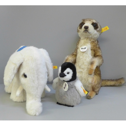 746 - Three Steiff animals, Meerkat, Elephant and Flaps penguin