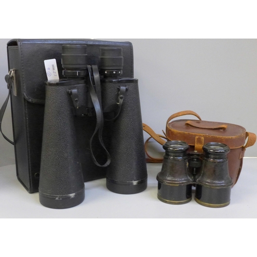 755 - A pair of Sunagor Mega Zoom binoculars, 15-80x70, cased, and a pair of leather bound binoculars in a... 