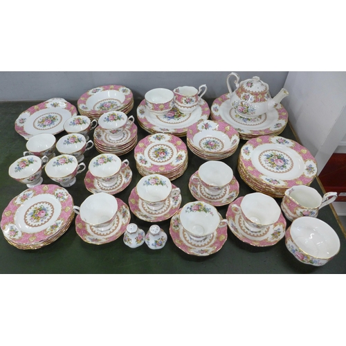 773 - A large collection of Royal Albert Lady Carlyle tea and dinnerware; tea pot, 2x cream and sugar, 8x ... 