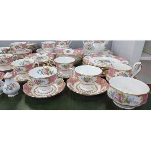 773 - A large collection of Royal Albert Lady Carlyle tea and dinnerware; tea pot, 2x cream and sugar, 8x ... 