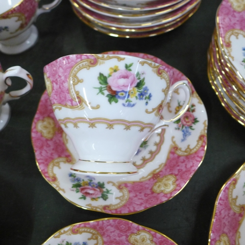 773 - A large collection of Royal Albert Lady Carlyle tea and dinnerware; tea pot, 2x cream and sugar, 8x ... 