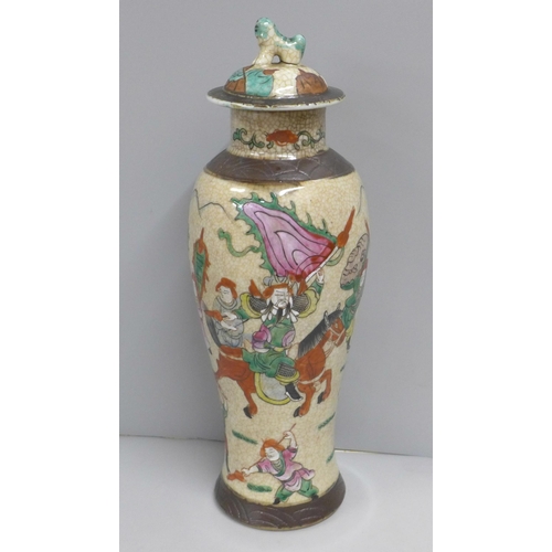 786 - Early 20th century Chinese crackle glaze lidded vase, 33cm tall with lid