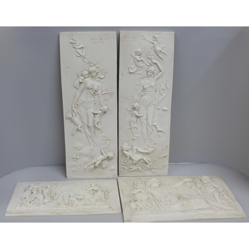 794 - Four reconstituted stone plaques with classical scenes, tallest 43.5cm