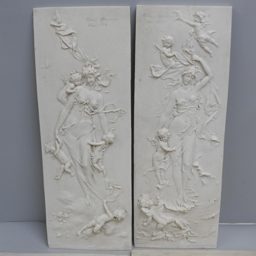 794 - Four reconstituted stone plaques with classical scenes, tallest 43.5cm