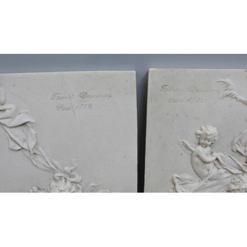 794 - Four reconstituted stone plaques with classical scenes, tallest 43.5cm