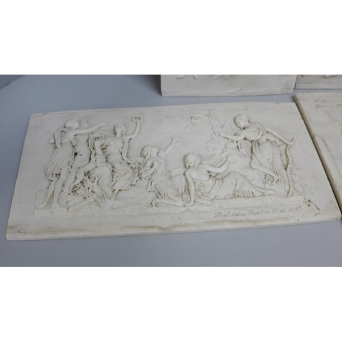 794 - Four reconstituted stone plaques with classical scenes, tallest 43.5cm