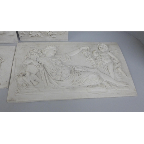 794 - Four reconstituted stone plaques with classical scenes, tallest 43.5cm