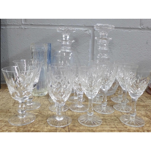 799 - Two Stuart crystal decanters, a set of six wine glasses, five wine glasses and two odds plus two Whi... 