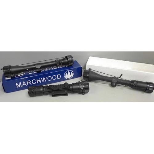 826 - Three rifle scopes including Tasco 2.7X32AO, a Marchwood 3-9x40 and one other