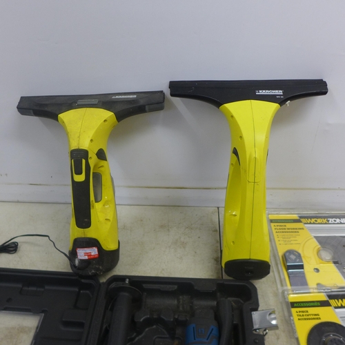 2029 - Two Karcher window vacs and charger(failed PAT test due to damage on charger), a Workzone WM12-1 cor... 