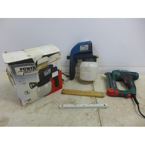 2030 - A Parkside PET25 C3 240v nailgun/stapler and a Power Plus POW750 spray gun and measuring sticks