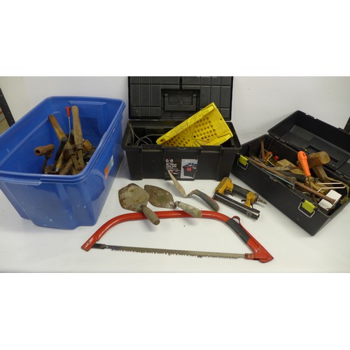 2039 - 2 Boxes of assorted hand tools including a Zag tool box with hammers, screw drivers, a mitre block, ... 