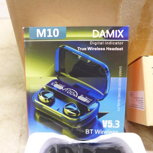 2071 - 9 sets of Damix M10 true wireless headsets and  10 Tintec USB chargers