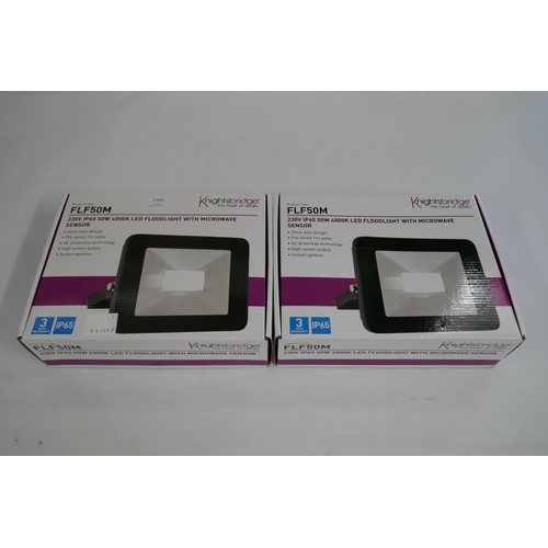 2104 - Two Knightsbridge FL50M 230v IP65 50w 4000K floodlights with microwave sensors