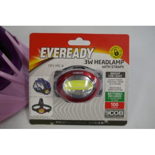 2135 - A purple bike helmet with an Eveready 3w headlamp and a set of Crivit LED bike lights