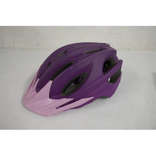 2135 - A purple bike helmet with an Eveready 3w headlamp and a set of Crivit LED bike lights