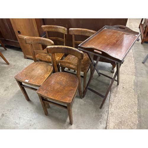 258 - A set of four oak kitchen chairs and a folding butlers tray